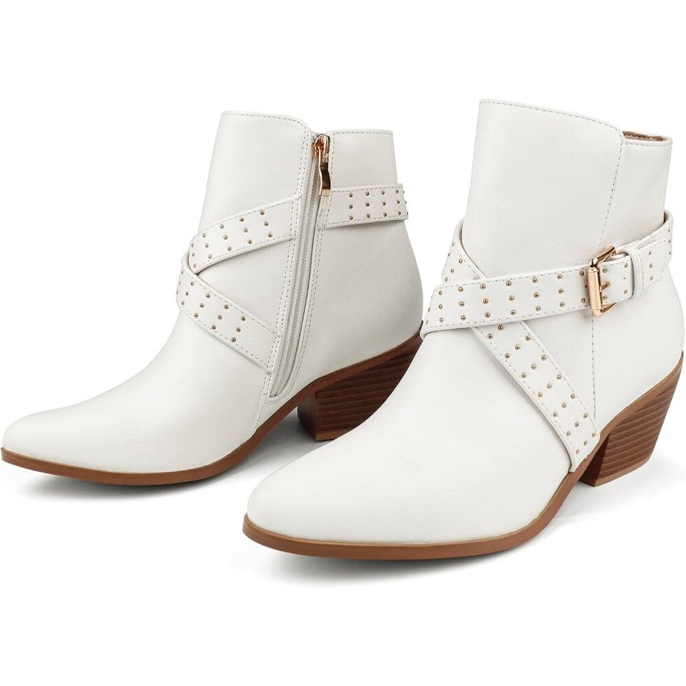 JOY IN LOVE Ankle Boots Women White Matte Faux Leather Low Chunky Heel Zipper